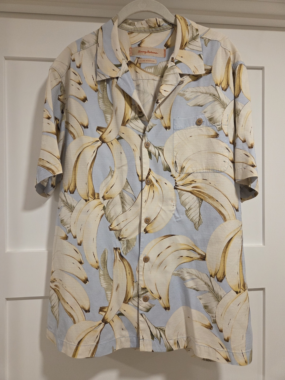Tommy Bahama 100% Silk Banana Print Shirt Blue Hawaiian Aloha Resort Island L